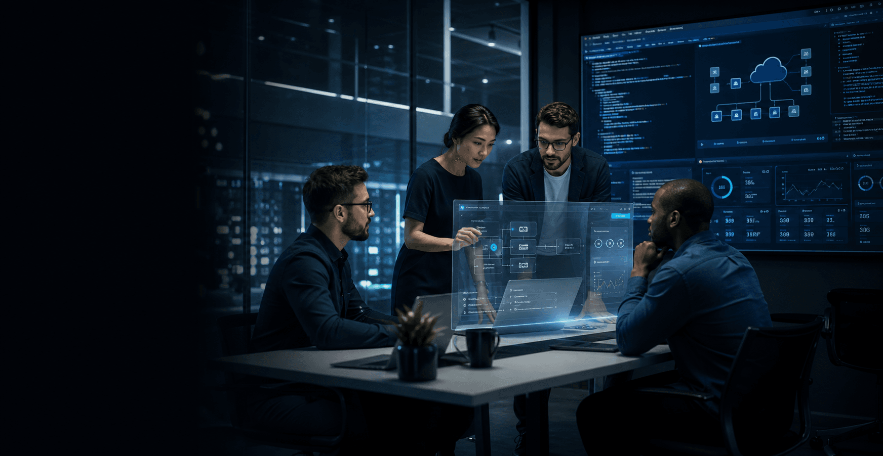 Professional custom software development team reviewing enterprise dashboards